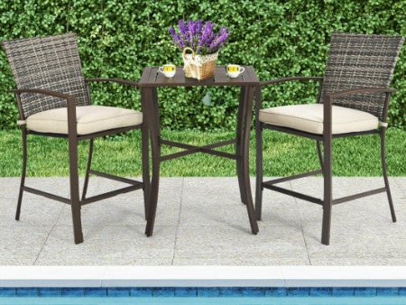 3 Pieces Rattan Bar Furniture Set with Slat Table and 2 Cushioned Stools-Brown Fashion