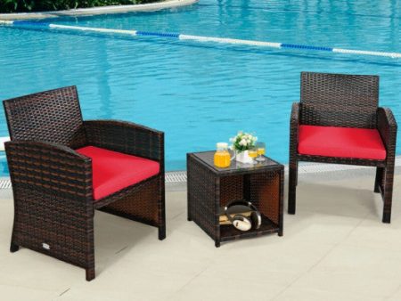 3 Pieces PE Rattan Wicker Furniture Set with Cushion Sofa Coffee Table for Garden-Red For Discount