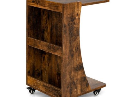 C-shaped Rolling End Side with Back Storage Shelves beside Sofa-Rustic Brown For Cheap