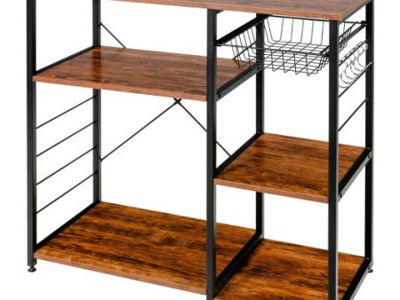 Industrial Kitchen Baker s Rack Microwave Shelf with 6 Hooks-Brown Fashion