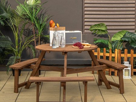 6-person Round Wooden Picnic Table with Umbrella Hole and 3 Built-in Benches-Dark Brown Hot on Sale