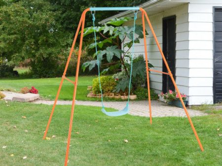 Outdoor Kids Swing Set with Heavy-Duty Metal A-Frame and Ground Stakes-Orange Online now