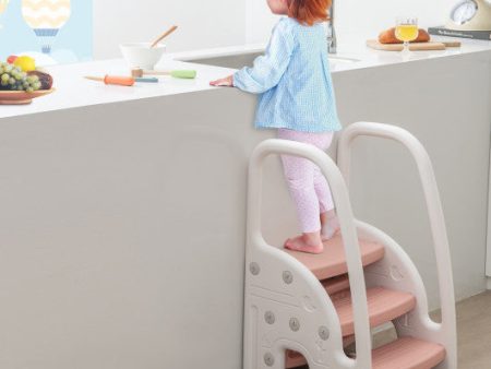 3-Step Stool with Safety Handles and Non-slip Pedals for Toddlers-Pink For Sale