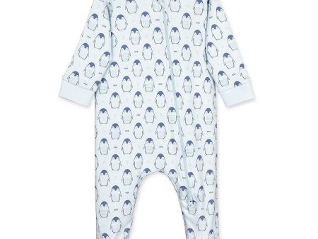 Zipper Footie - Sleepy Penguins on Baby Blue  100% Pima Cotton by Feather Baby Online Sale