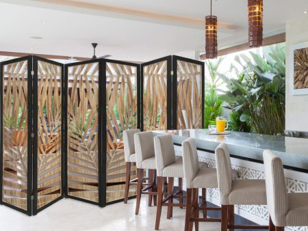 3 Panel Room Divider With Tropical Leaf Design Sale