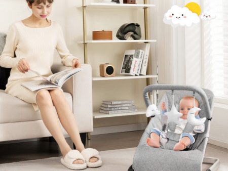 Foldable Baby Bouncer with Removable Fabric Cover and Toy Bar-Gray Online now