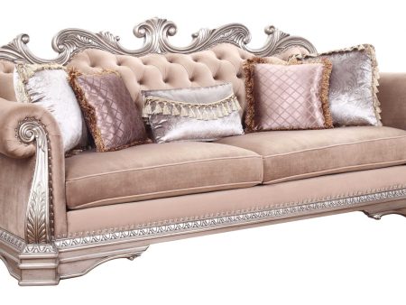 42  Rosegold Velvet Sofa And Toss Pillows With Silver Legs Online now