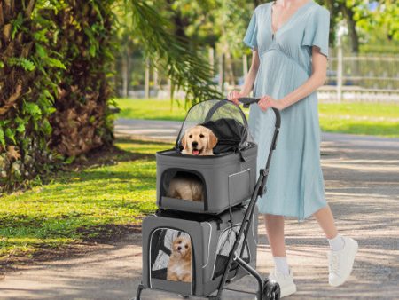 Double Pet Stroller Foldable 3-in-1 Dog Stroller with 2 Detachable Carriers-Gray Online