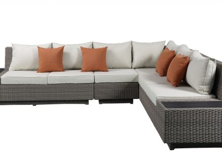 Beige Polyester Modular L Shaped Four Piece Standard With Console And Toss Pillows Online Sale