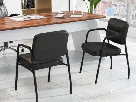 Waiting Room Guest Chair Set of 2 Upholstered Reception Chairs with Mixed PU Leather and Integrated Armrests-Black For Discount