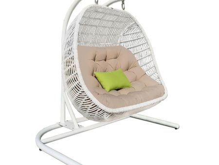 69  Beige and White Metal Indoor Outdoor Swing Chair with Beige Cushion For Sale