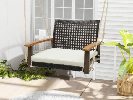 Single Rattan Porch Swing with Armrests Cushion and Hanging Ropes-White on Sale