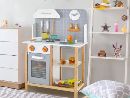 Wooden Toddler Pretend Kitchen Set with Cookware Accessories for Boys and Girls-Grey Online