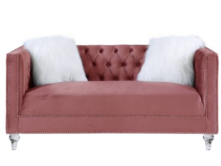 65  Pink And Silver Velvet Loveseat and Toss Pillows Supply