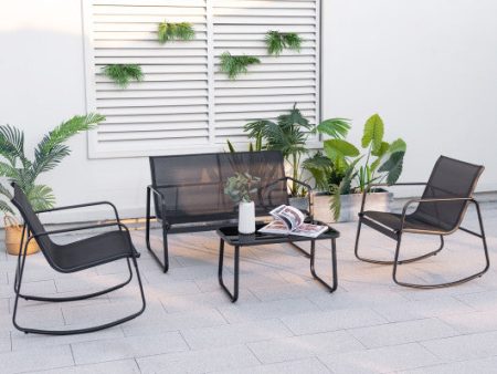 4 Piece Patio Rocking Set with Glass-Top Table-Black For Discount