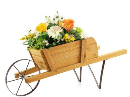 Wooden Wagon Planter with 9 Magnetic Accessories for Garden Yard-Walnut on Sale